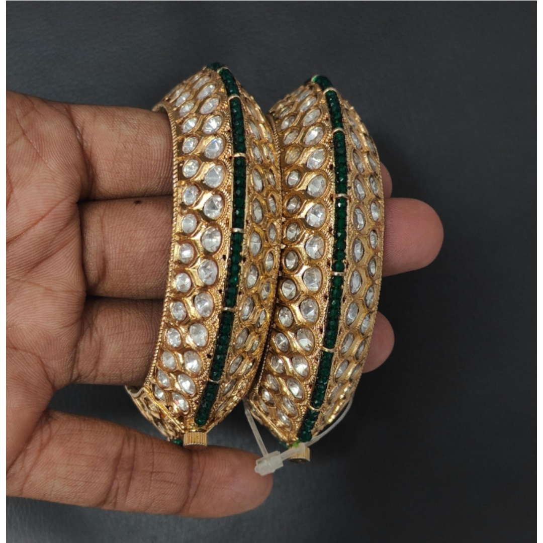 Royal gold-plated Kundan bangles with green stone border – traditional bridal kada set for women