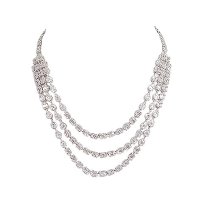 “Elegant silver-tone layered diamond necklace set with matching drop earrings for women”