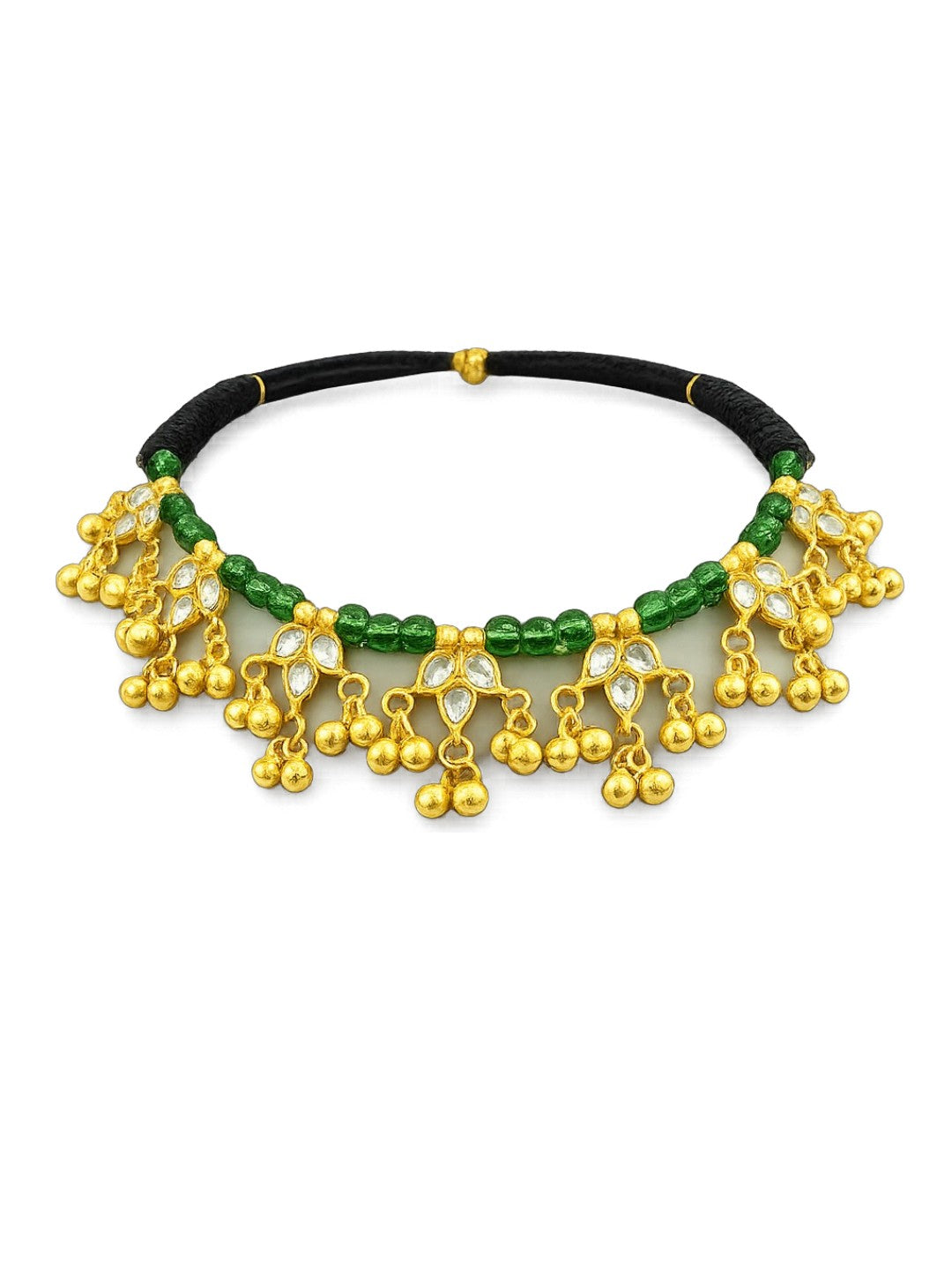 Traditional gold-plated Kundan choker necklace featuring green beads, black thread design, and decorative ghungroo danglers for women.