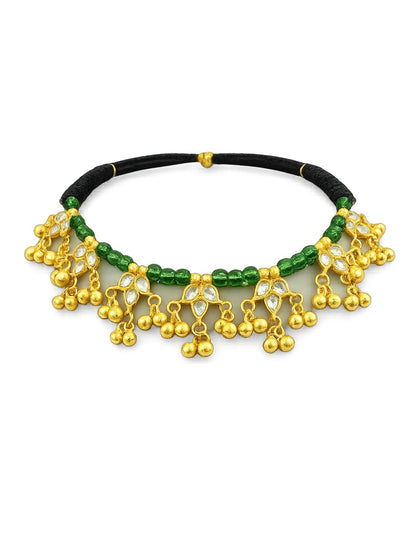 Traditional gold-plated Kundan choker necklace featuring green beads, black thread design, and decorative ghungroo danglers for women.