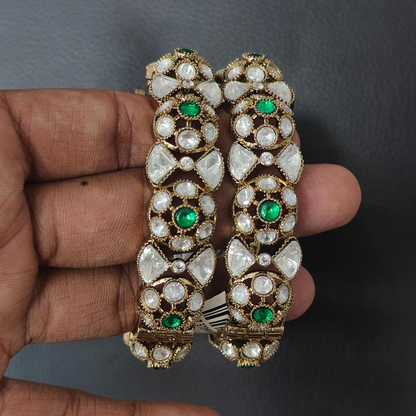 Gold plated Kundan bangles with green stones – bridal and festive jewelry set for women