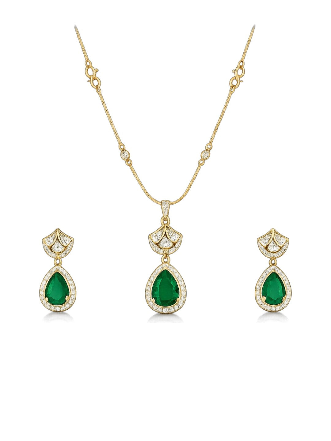 Gold-plated necklace set featuring emerald green teardrop pendant and matching drop earrings embellished with American diamonds.