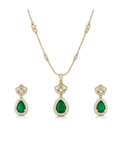 Gold-plated necklace set featuring emerald green teardrop pendant and matching drop earrings embellished with American diamonds.