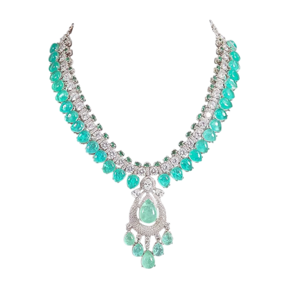 “Silver-toned green stone necklace set with matching earrings for women – elegant bridal and festive jewelry”