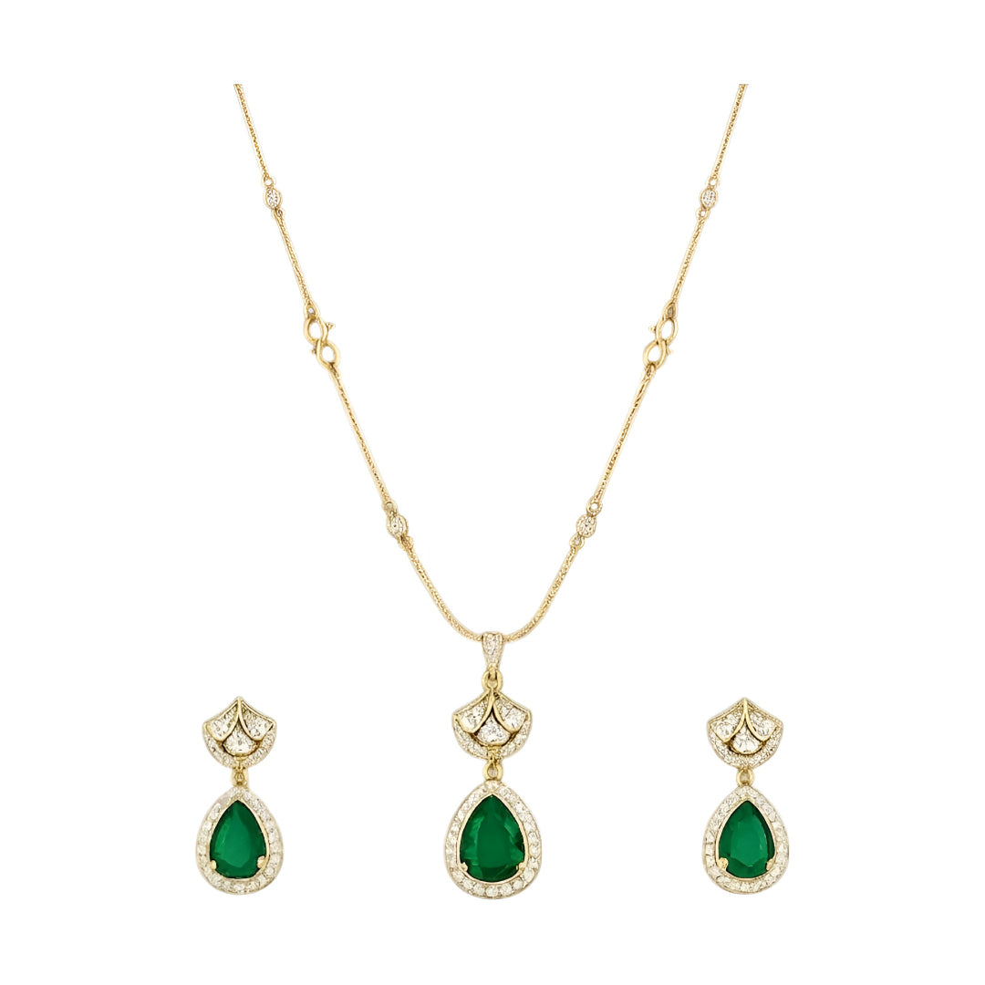 Gold-Plated Emerald Green Teardrop Crystal Pendant Necklace Set with Matching Earrings for Women