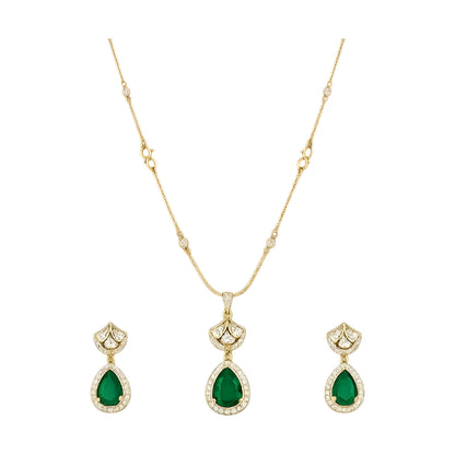 Gold-Plated Emerald Green Teardrop Crystal Pendant Necklace Set with Matching Earrings for Women