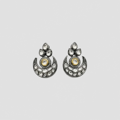 Oxidised Silver Kundan Crescent Necklace Set with Earrings