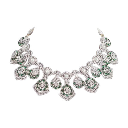 Silver and Green CZ Stone-Plated Designer Necklace Set with Matching Earrings for Women