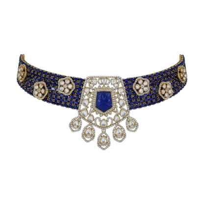 "Royal Blue Beaded Kundan Choker Necklace Set with Earrings – Traditional Indian Bridal Jewelry"