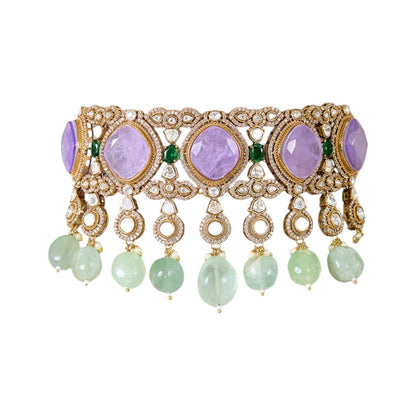 Lavender Stone and Mint Green Beaded Kundan Choker Necklace Set with Earrings