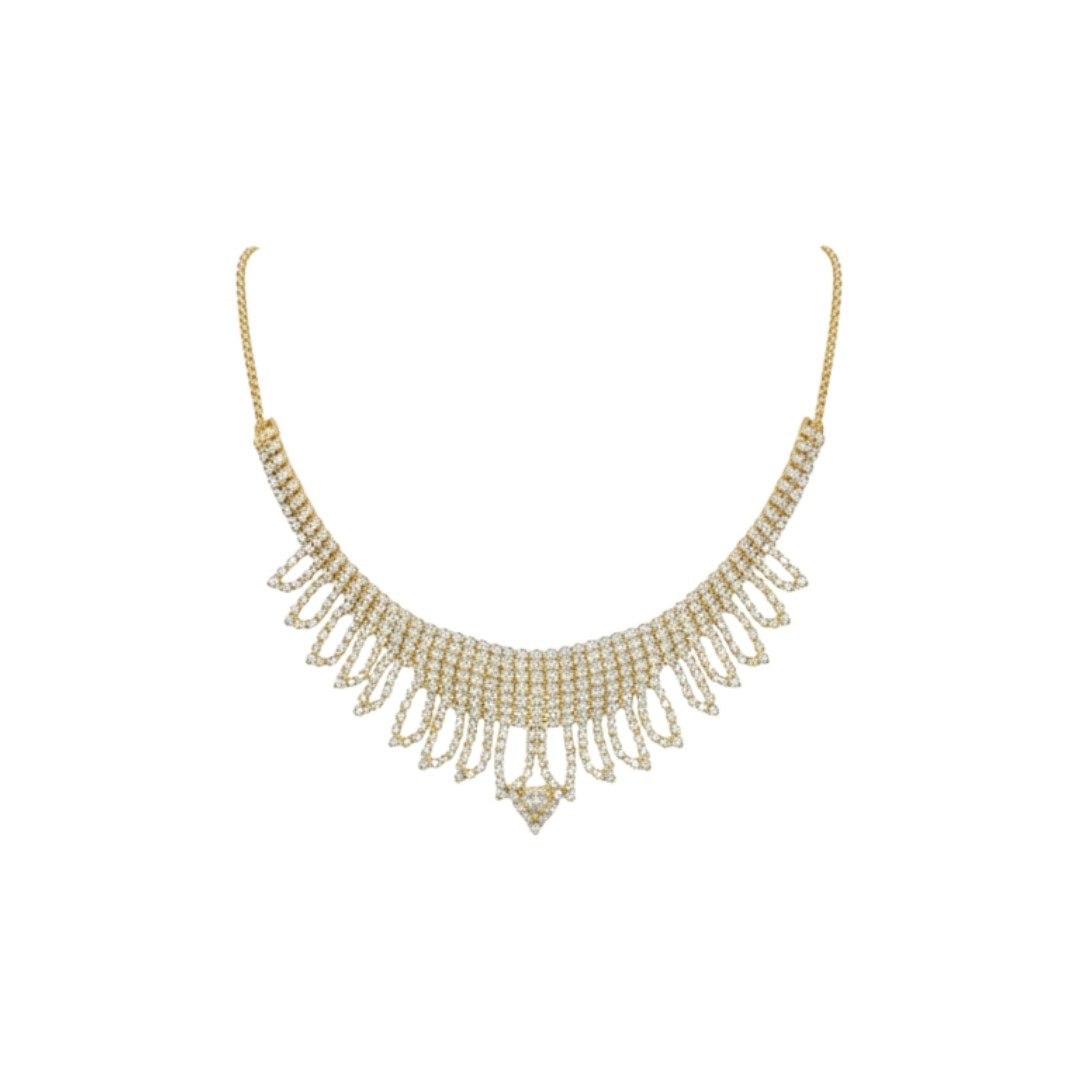 Elegant diamond-look necklace set with matching earrings on red display stand