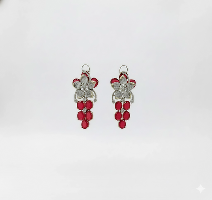 Red Stone Studded Floral Design Silver Polish Necklace Set with Earrings