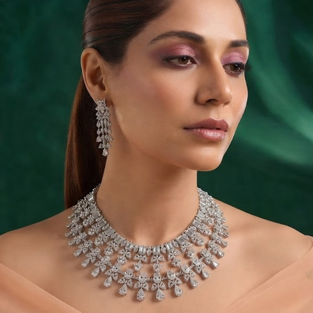 Luxury American Diamond Choker Necklace Set with Long Tassel Earrings Rhodium Plated Bridal Wedding Jewelry