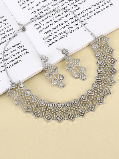 Dazzling Rhodium Plated American Diamond Necklace Set - Auraa Trends - Dazzling Rhodium Plated American Diamond Necklace Set
