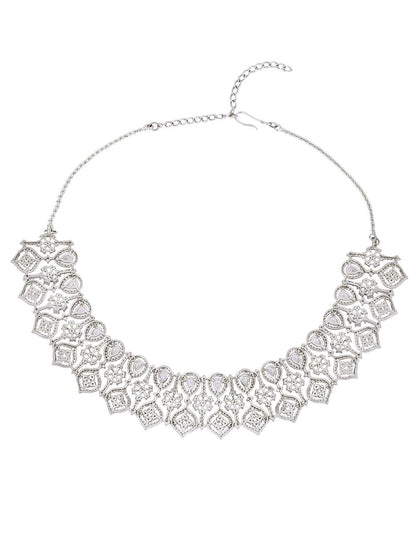Dazzling Rhodium Plated American Diamond Necklace Set - Auraa Trends - Dazzling Rhodium Plated American Diamond Necklace Set