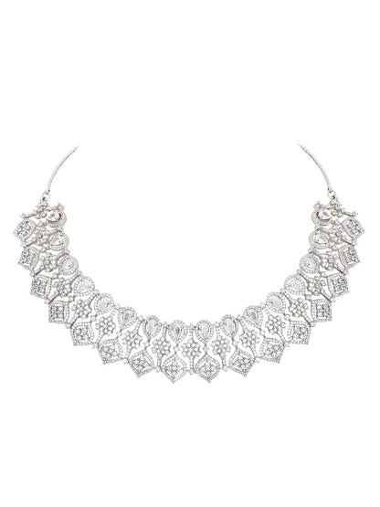 Dazzling Rhodium Plated American Diamond Necklace Set - Auraa Trends - Dazzling Rhodium Plated American Diamond Necklace Set