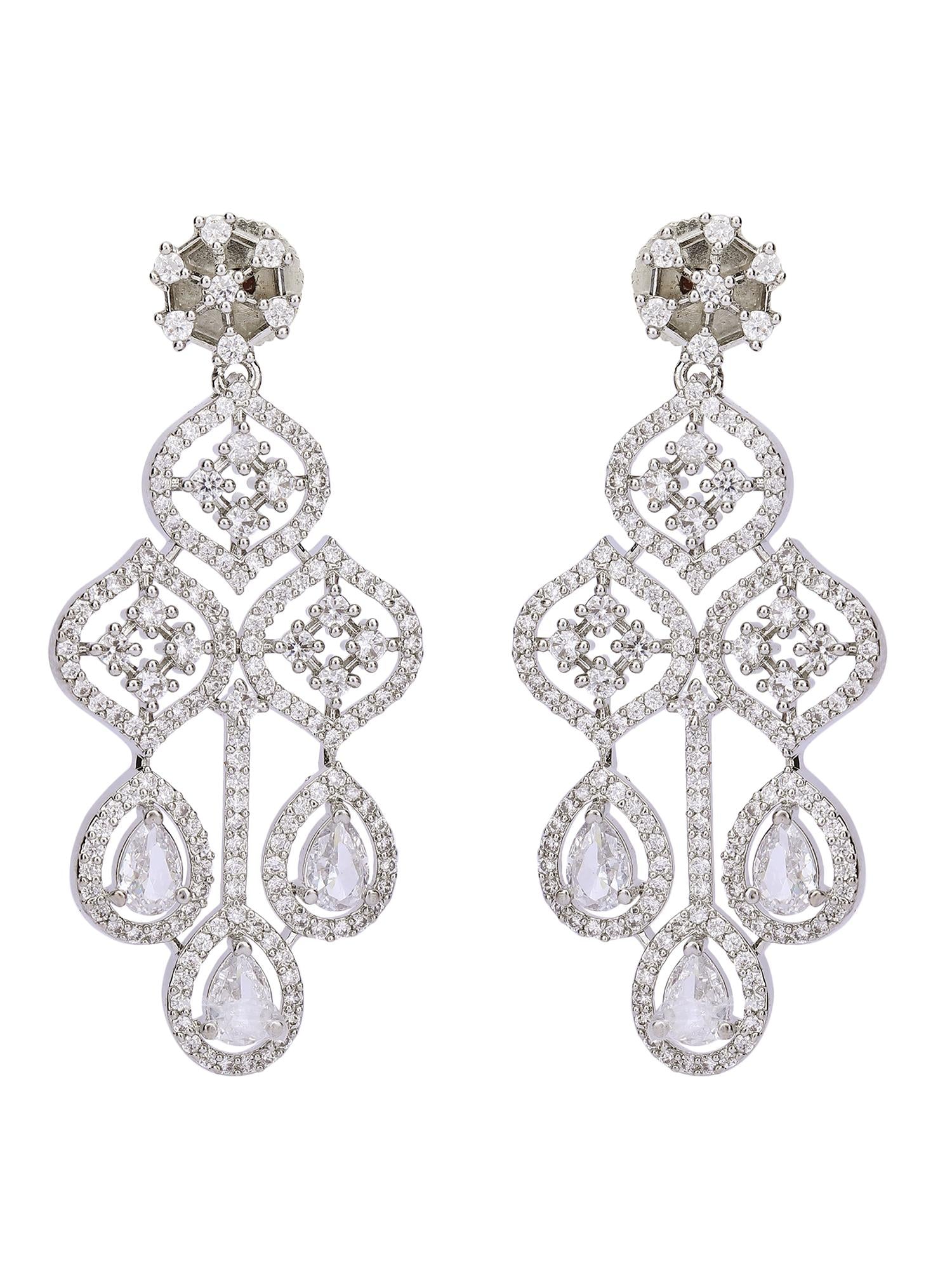 Dazzling Rhodium Plated American Diamond Necklace Set - Auraa Trends - Dazzling Rhodium Plated American Diamond earrings set