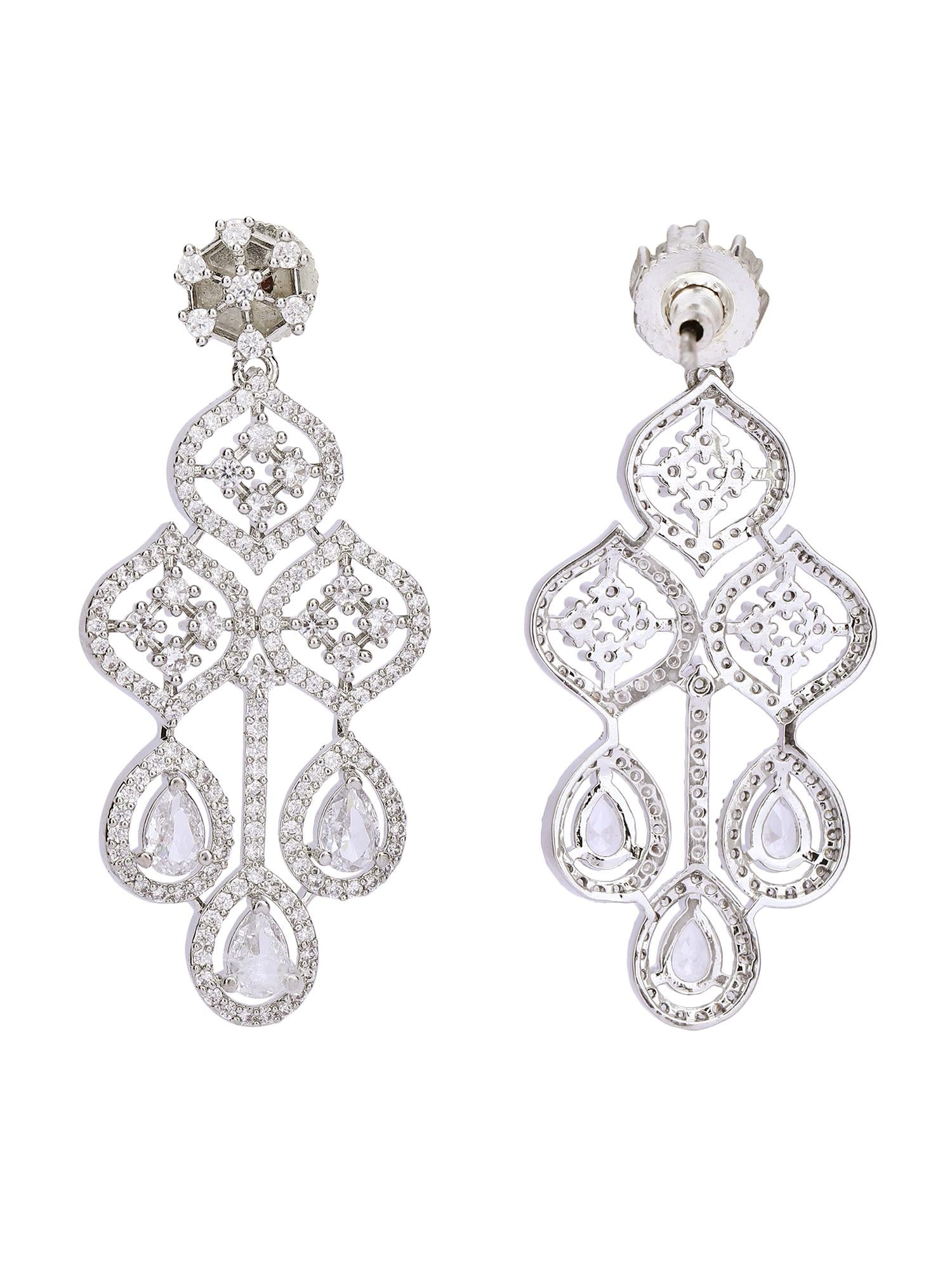 Dazzling Rhodium Plated American Diamond Necklace Set - Auraa Trends - Dazzling Rhodium Plated American Diamond earrings sets