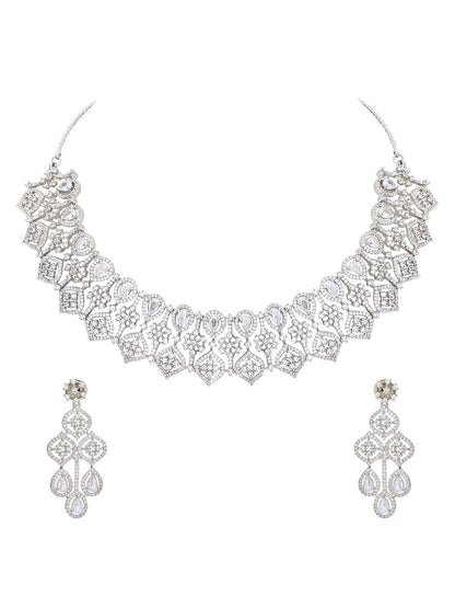 Dazzling Rhodium Plated American Diamond Necklace Set - Auraa Trends - Dazzling Rhodium Plated American Diamond Necklace Set