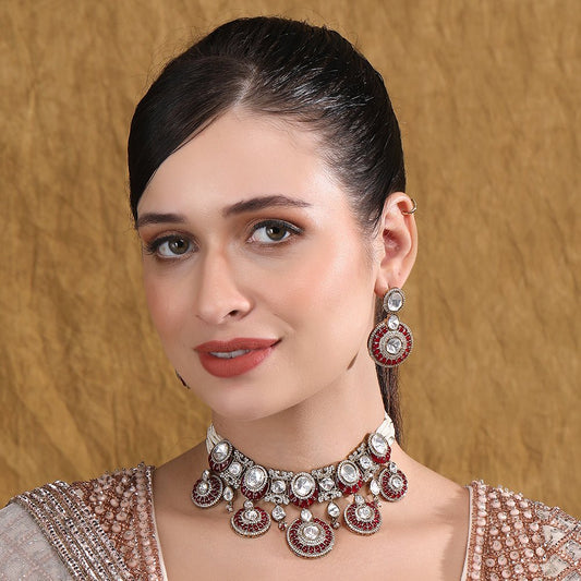 Dazzling Stones Bridal Choker Necklace Earring Set For Women - Auraa Trends - Choker - Bridal Choker Necklace Earring Set
