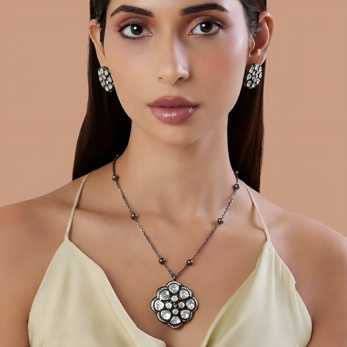 Oxidised Victorian kundan floral pendant necklace set with clear polki style stones, zircon border, bead chain and matching stud earrings