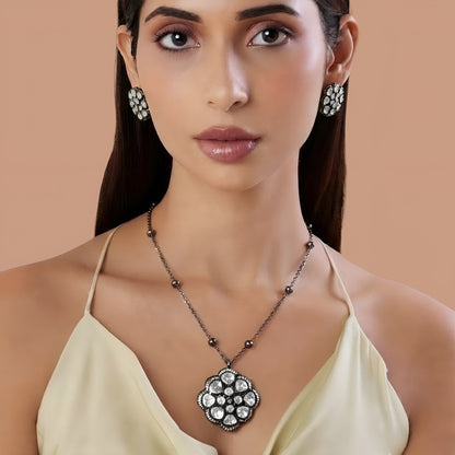 Oxidised Victorian kundan floral pendant necklace set with clear polki style stones, zircon border, bead chain and matching stud earrings