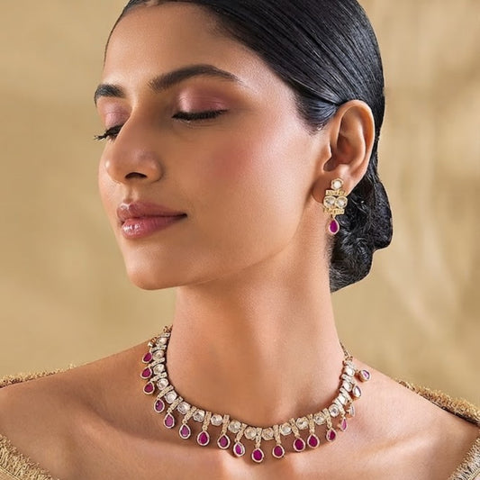 Gold-Plated Kundan Choker Necklace Set with Pink Teardrop Stones & Matching Earrings for Women Bridal Wedding Jewellery