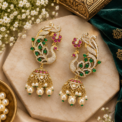 Zircon Peacock Cuff Earrings with Jhumka