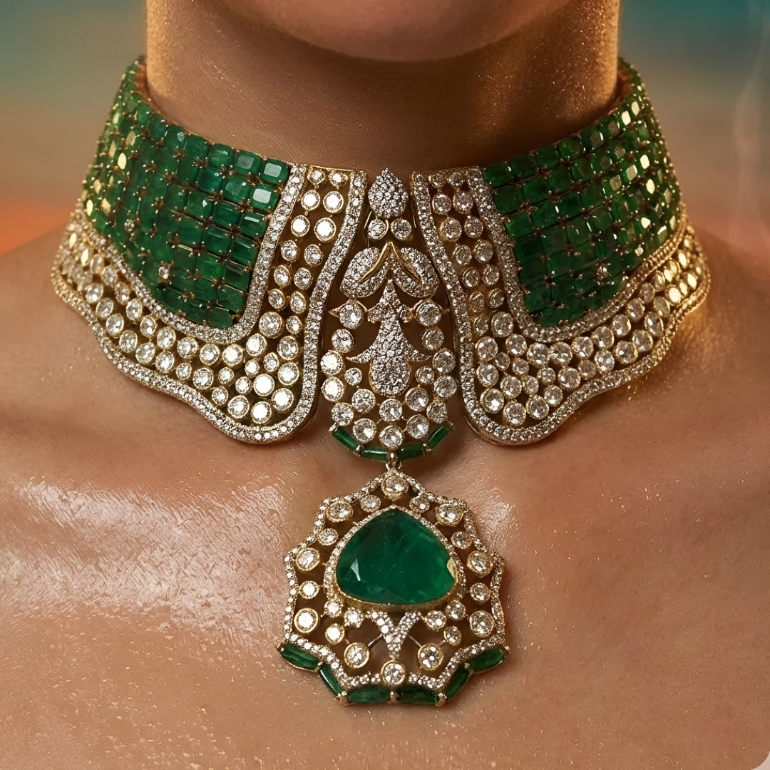 Emerald Green Bridal Choker Necklace Set with American Diamonds & Matching Earrings