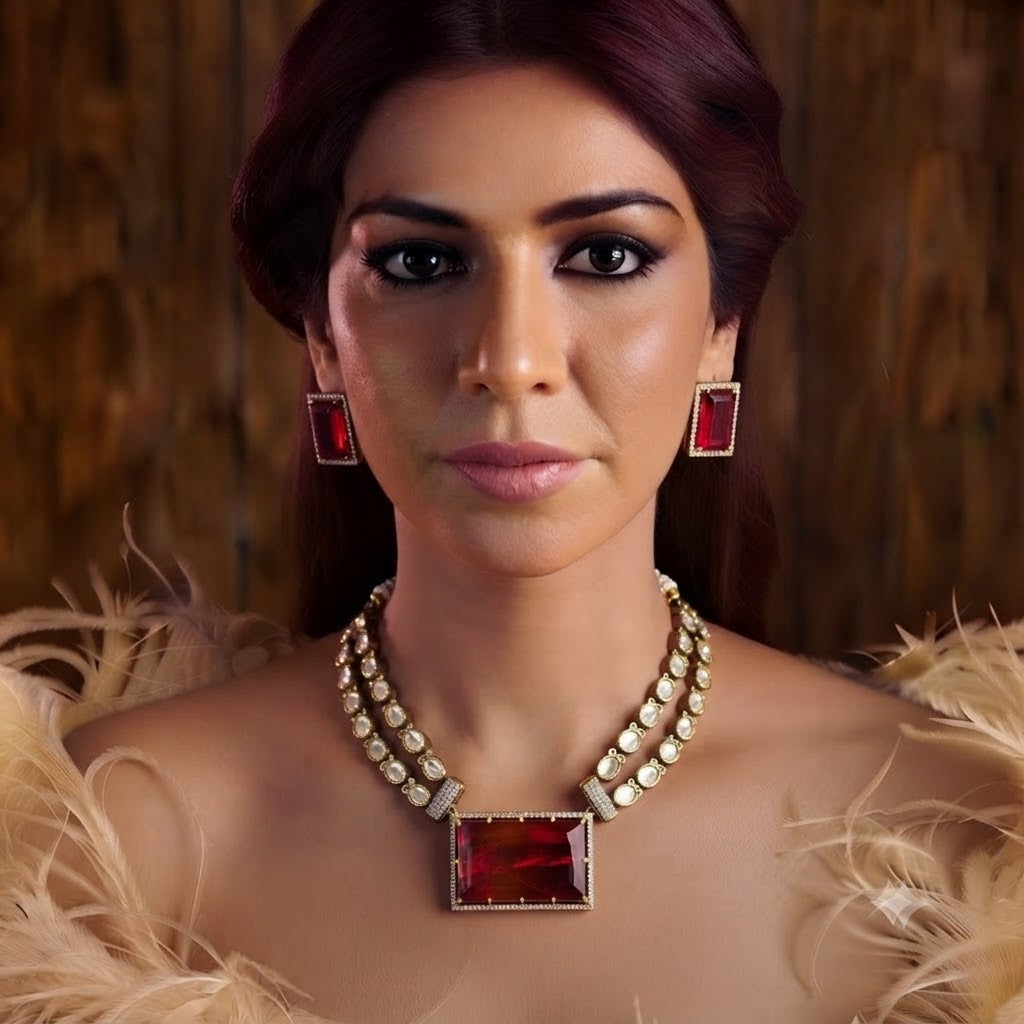 Red Crystal Pendant Necklace Set with Earrings Gold Plated Statement
