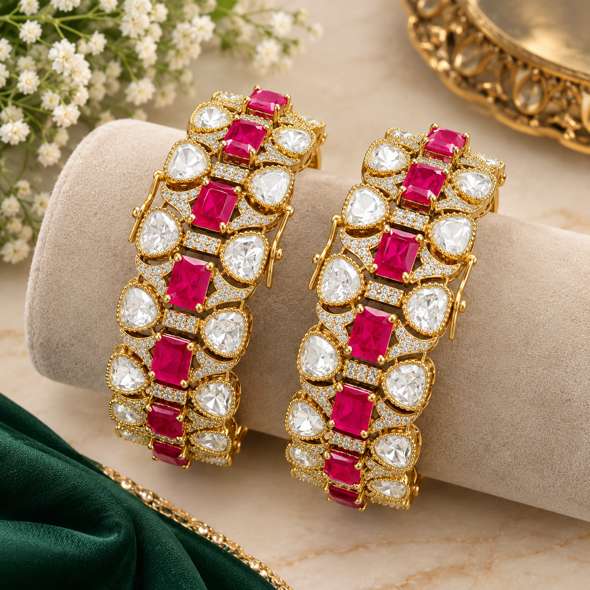 Pair of gold-finish wide kada bangles with ruby-pink emerald-cut stones, polki-style clear pear stones, and American diamond detailing