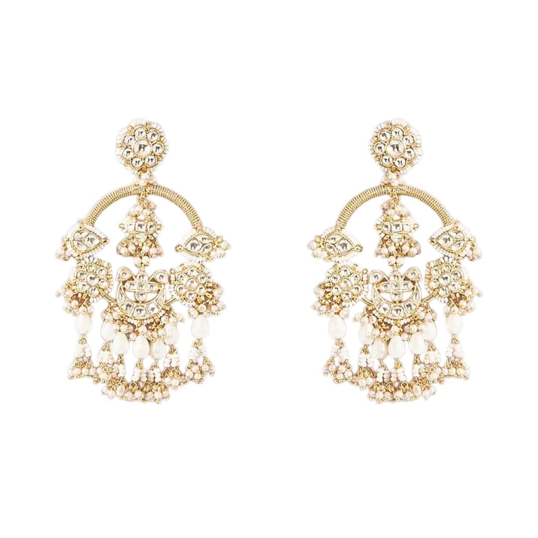 Gold kundan chandbali earrings with pearl beadwork and jhumka-style drops