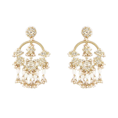 Gold kundan chandbali earrings with pearl beadwork and jhumka-style drops