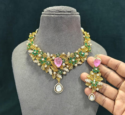 Green Stone Floral Gold-Tone Designer Necklace with Pearl Drop