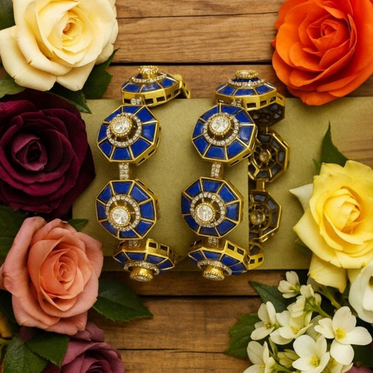 Designer Blue Octagon Bangles with Kundan Stones & Gold - Plated Finish for Women - Auraa Trends - Bangles -  - Auraa Trends - Gold - plated royal blue octagon bangles with kundan stones – festive & bridal jewelry for women