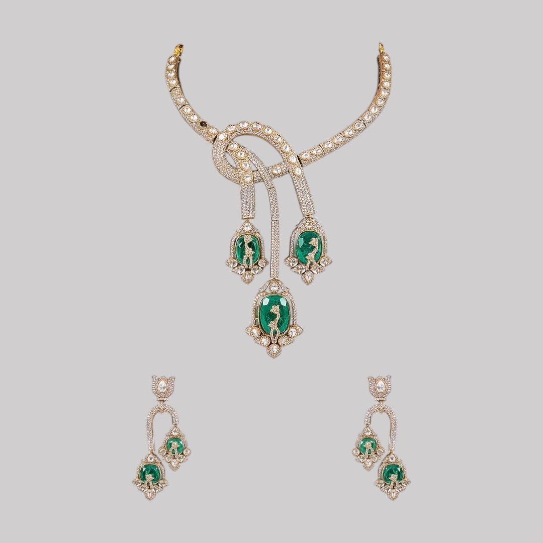Designer Emerald Green Enamel & CZ Statement Choker Necklace Set with Long Dangler Earrings - Auraa Trends - Necklace Set -  - Auraa Trends - "Elegant gold - plated choker necklace set with green enamel motif stones and long dangler earrings – handcrafted Indian bridal and festive jewelry"