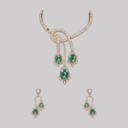 Designer Emerald Green Enamel & CZ Statement Choker Necklace Set with Long Dangler Earrings - Auraa Trends - Necklace Set -  - Auraa Trends - "Elegant gold - plated choker necklace set with green enamel motif stones and long dangler earrings – handcrafted Indian bridal and festive jewelry"