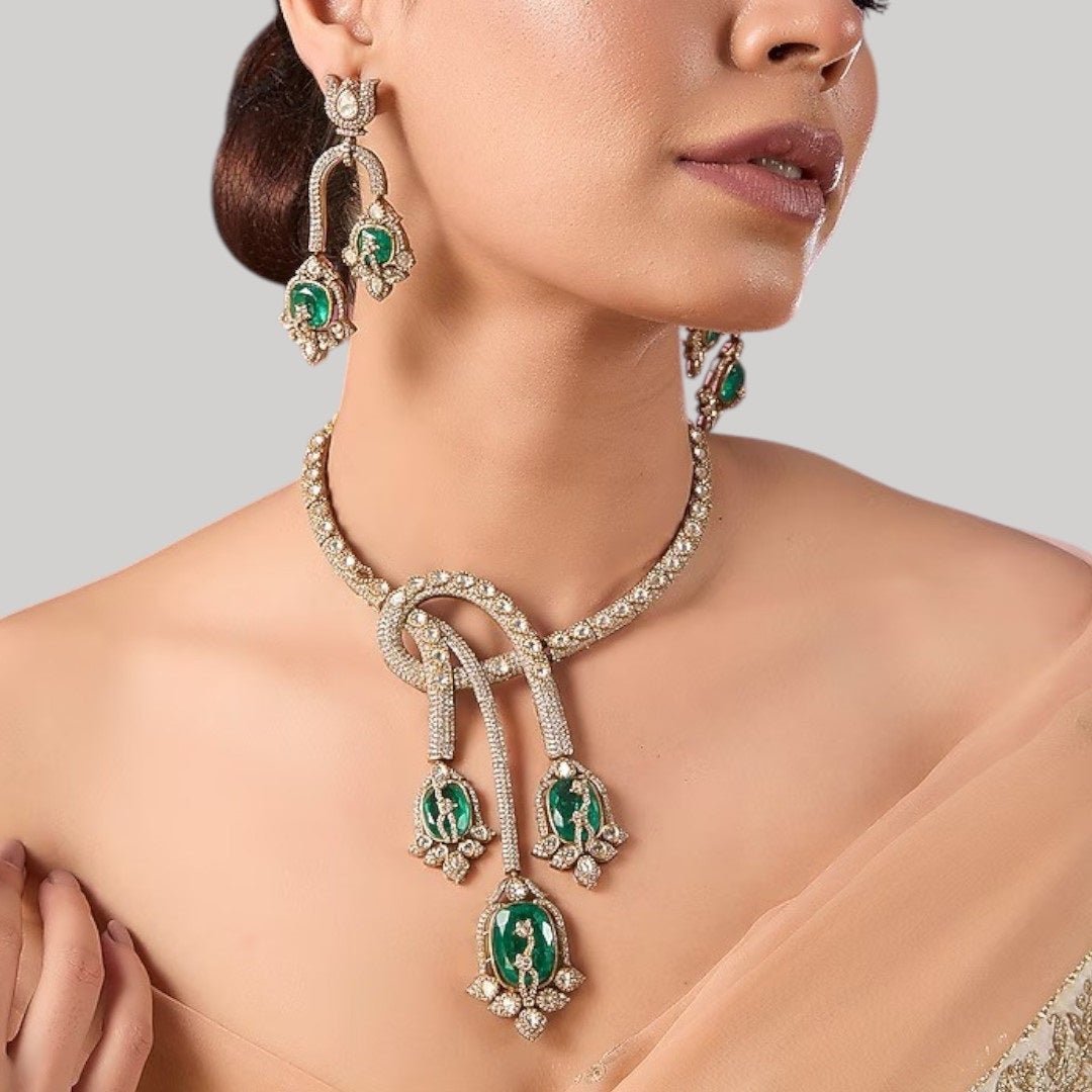 Designer Emerald Green Enamel & CZ Statement Choker Necklace Set with Long Dangler Earrings - Auraa Trends - Necklace Set -  - Auraa Trends - "Elegant gold - plated choker necklace set with green enamel motif stones and long dangler earrings – handcrafted Indian bridal and festive jewelry"