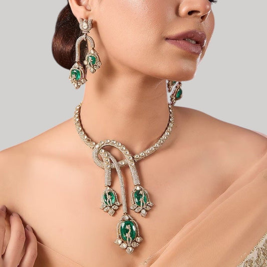 Designer Emerald Green Enamel & CZ Statement Choker Necklace Set with Long Dangler Earrings - Auraa Trends - Necklace Set -  - Auraa Trends - "Elegant gold - plated choker necklace set with green enamel motif stones and long dangler earrings – handcrafted Indian bridal and festive jewelry"