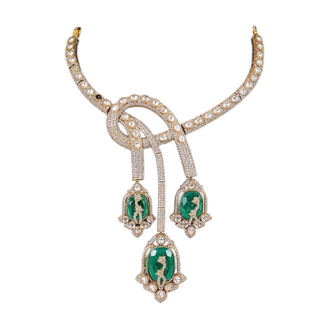Designer Emerald Green Enamel & CZ Statement Choker Necklace Set with Long Dangler Earrings - Auraa Trends - Necklace Set -  - Auraa Trends - "Elegant gold - plated choker necklace set with green enamel motif stones and long dangler earrings – handcrafted Indian bridal and festive jewelry"