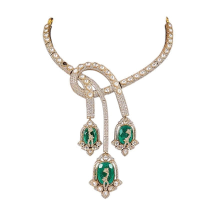 Designer Emerald Green Enamel & CZ Statement Choker Necklace Set with Long Dangler Earrings - Auraa Trends - Necklace Set -  - Auraa Trends - "Elegant gold - plated choker necklace set with green enamel motif stones and long dangler earrings – handcrafted Indian bridal and festive jewelry"