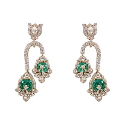 Designer Emerald Green Enamel & CZ Statement Choker Necklace Set with Long Dangler Earrings - Auraa Trends - Necklace Set -  - Auraa Trends - "Elegant gold - plated choker necklace set with green enamel motif stones and long dangler earrings – handcrafted Indian bridal and festive jewelry"
