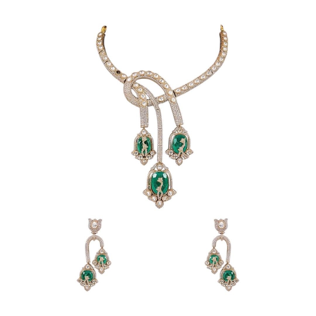 Designer Emerald Green Enamel & CZ Statement Choker Necklace Set with Long Dangler Earrings - Auraa Trends - Necklace Set -  - Auraa Trends - "Elegant gold - plated choker necklace set with green enamel motif stones and long dangler earrings – handcrafted Indian bridal and festive jewelry"
