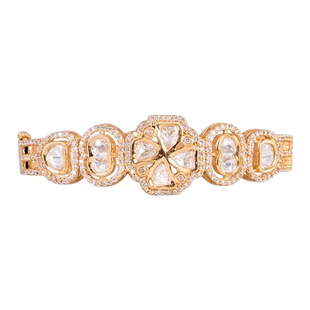 Designer Gold - Plated Kundan Bangle with Diamond - Cut Detailing for Women - Auraa Trends - Bangles -  - Auraa Trends - Designer Gold - Plated Kundan Bangle with Diamond - Cut Detailing for Women
