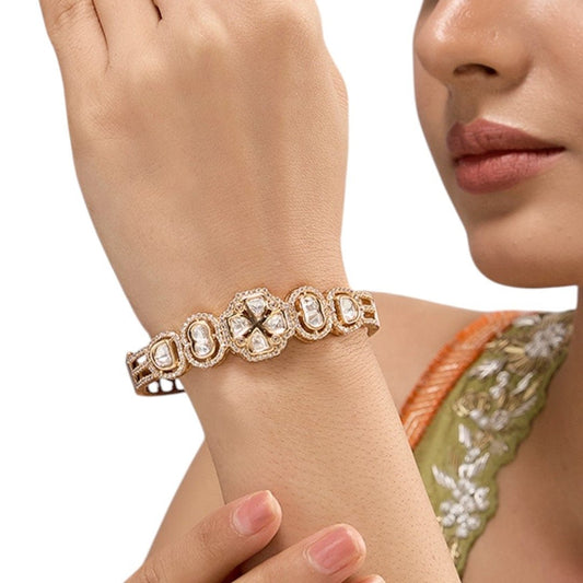Designer Gold - Plated Kundan Bangle with Diamond - Cut Detailing for Women - Auraa Trends - Bangles -  - Auraa Trends - Designer Gold - Plated Kundan Bangle with Diamond - Cut Detailing for Women