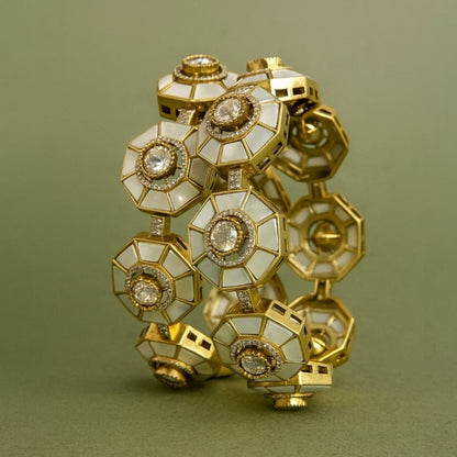Designer Gold - Plated Octagon Bangles with Mother of Pearl & Kundan Stones for Women - Auraa Trends - Bangles -  - Auraa Trends - Designer Gold - Plated Octagon Bangles with Mother of Pearl & Kundan Stones for Women