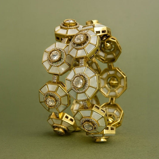 Designer Gold - Plated Octagon Bangles with Mother of Pearl & Kundan Stones for Women - Auraa Trends - Bangles -  - Auraa Trends - Designer Gold - Plated Octagon Bangles with Mother of Pearl & Kundan Stones for Women