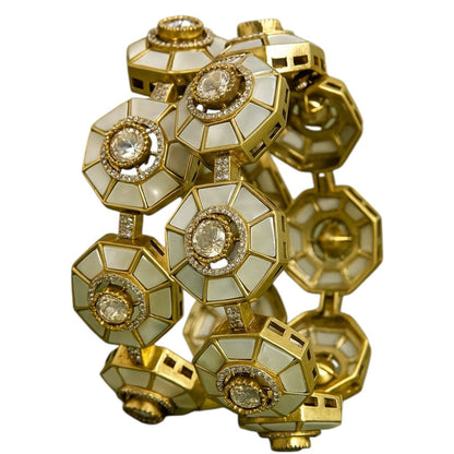 Designer Gold - Plated Octagon Bangles with Mother of Pearl & Kundan Stones for Women - Auraa Trends - Bangles -  - Auraa Trends - Designer Gold - Plated Octagon Bangles with Mother of Pearl & Kundan Stones for Women