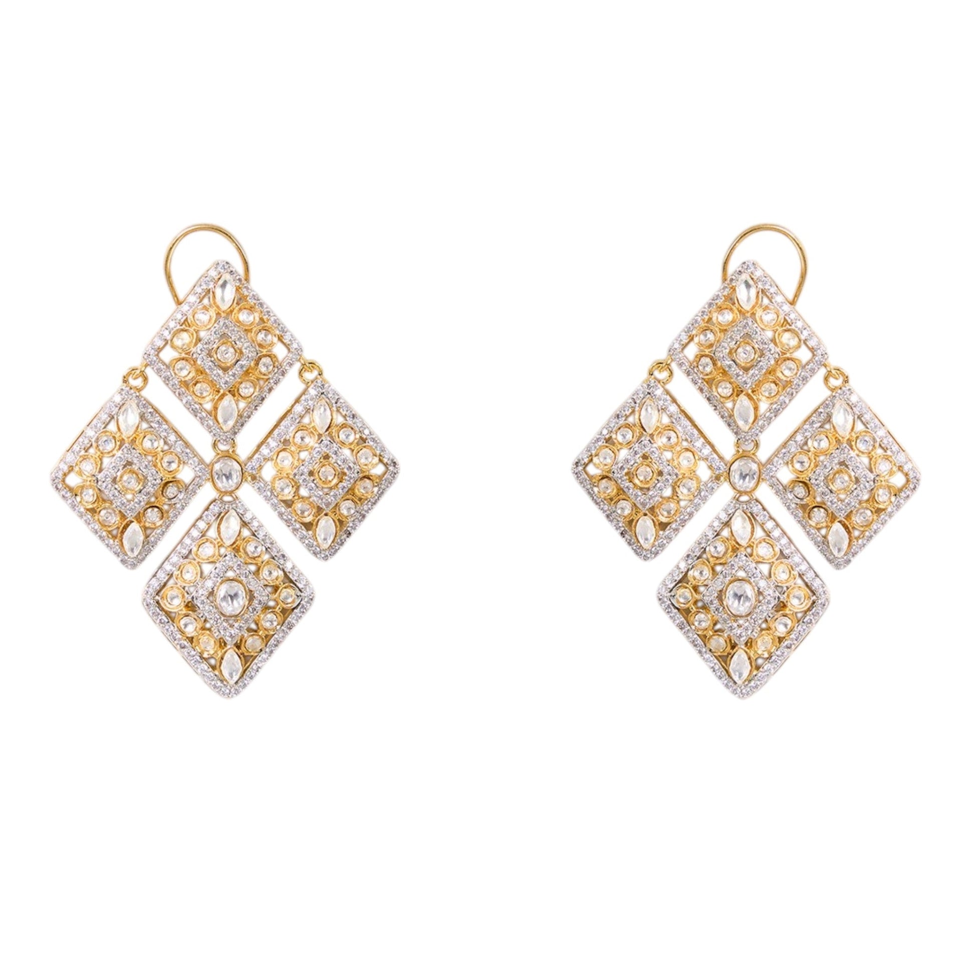 Designer Gold - Toned & White Kundan Studded Square Drop Earrings for Women - Auraa Trends - Earrings -  - Auraa Trends - "Gold - toned Kundan studded square drop earrings with multi - stone detailing, traditional Indian ethnic jewelry for women."