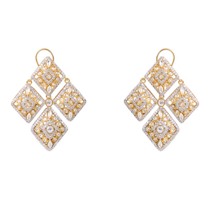 Designer Gold - Toned & White Kundan Studded Square Drop Earrings for Women - Auraa Trends - Earrings -  - Auraa Trends - "Gold - toned Kundan studded square drop earrings with multi - stone detailing, traditional Indian ethnic jewelry for women."
